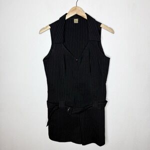 Vintage 2B Clothing Pinstripe V-neck 90s Romper Belted Business Y2K Collared